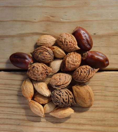 Close-up of assorted nuts and seeds on a rustic wooden table.